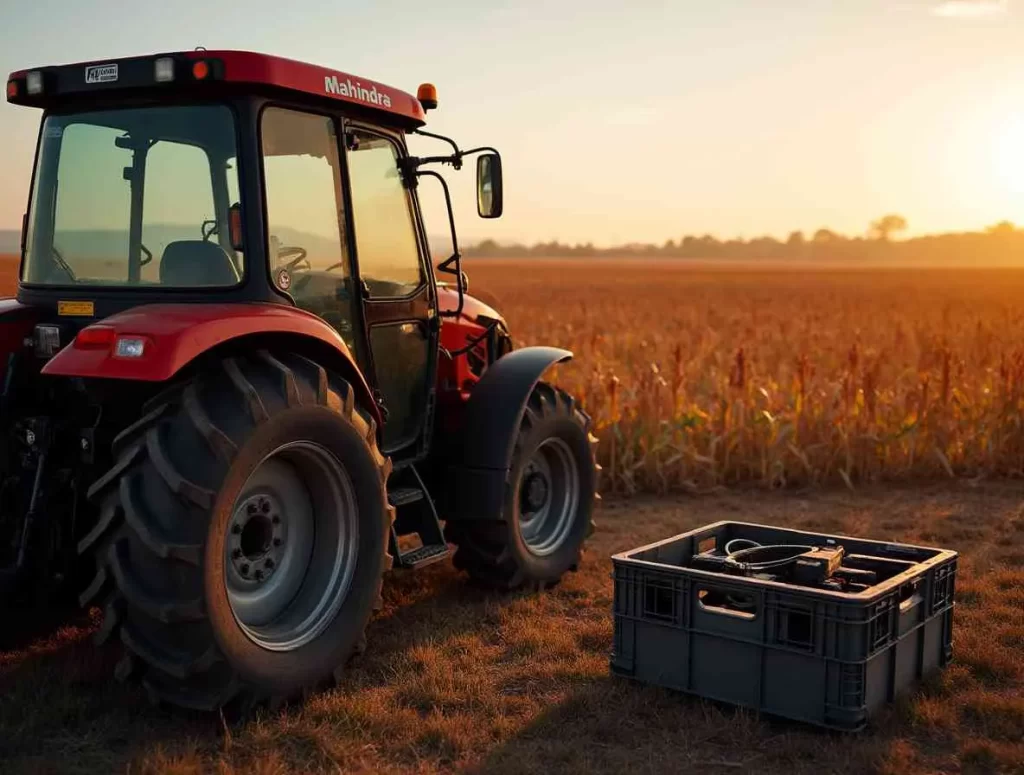Mahindra tractor parts displayed on a farm workshop table