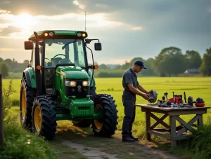 A mechanic installing genuine Sonalika tractor parts under bright daylight in a modern agricultural setting, showcasing reliability and long-term tractor performance.