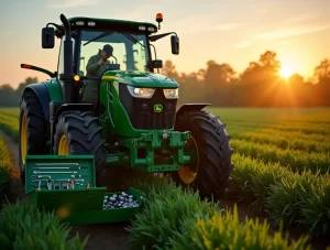 A John Deere tractor in a lush agricultural field during sunrise, with Kalapi spare parts being installed by a farmer, representing durability, efficiency, and long-term savings. Close-up view of John Deere tractor components being replaced with Kalapi OEM parts in a clean, well-equipped workshop, symbolizing precision, performance, and maintenance savings.