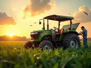 A modern Swaraj tractor fitted with Kalapi spare parts operating efficiently in a golden farmland, symbolizing enhanced performance and durability through precision engineering.