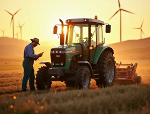 A modern tractor fitted with Kalapi gears operating efficiently in a lush green farm, symbolizing improved fuel efficiency and advanced agricultural technology.