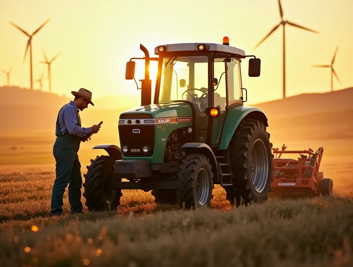 A modern tractor fitted with Kalapi gears operating efficiently in a lush green farm, symbolizing improved fuel efficiency and advanced agricultural technology.
