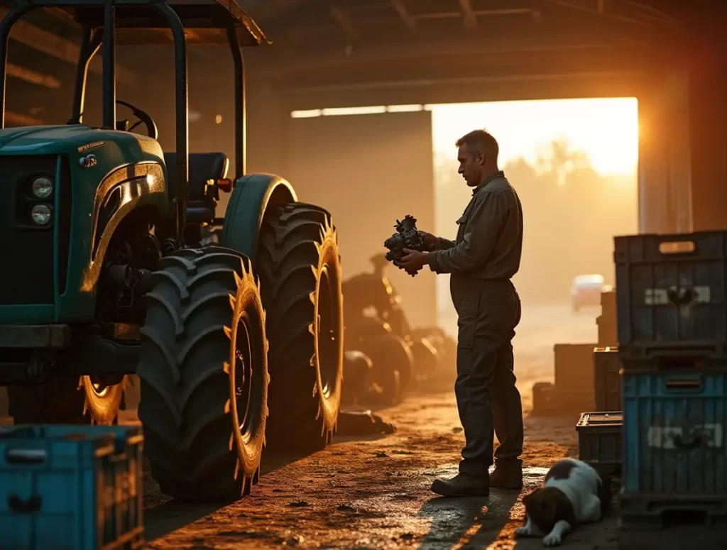 Eicher tractor in a lush farmland with high-quality spare parts laid out for maintenance