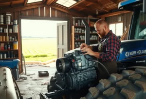 Farmer performing tractor maintenance with aftermarket New Holland parts in a well-equipped rural workshop