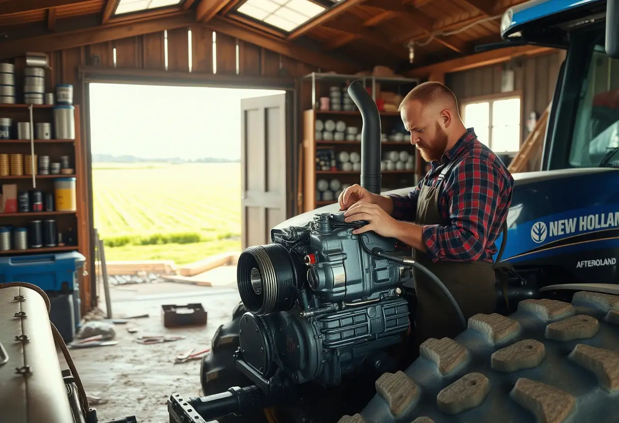 Farmer performing tractor maintenance with aftermarket New Holland parts in a well-equipped rural workshop