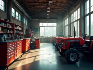 A display of genuine Mahindra spare parts including gears, filters, and engine components neatly arranged on a workshop table in India.