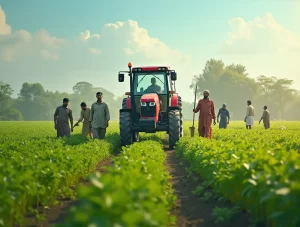 Indian farmland at sunrise with a modern tractor in the distance
