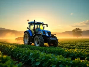 A New Holland Tractor working efficiently in a lush Indian farm field at sunrise, symbolizing modern farming innovation.