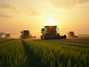 Modern farm machinery working efficiently in a lush green field during sunrise, showcasing advanced tractors and equipment in action