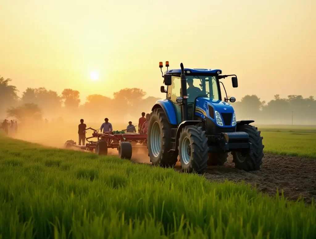 New Holland tractor working in a lush green Indian farm field under clear skies