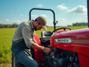 Farmer inspecting Mahindra tractor engine with genuine Mahindra spare parts beside it