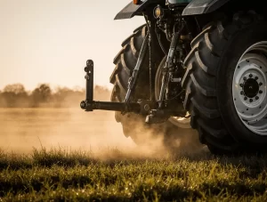 Modern hydraulic tractor in a field, showing key hydraulic parts in action under natural daylight