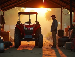 Farmer examining Mahindra genuine parts beside a red tractor