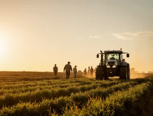 Farmer comparing OEM and aftermarket tractor spare parts with tractor in the background.