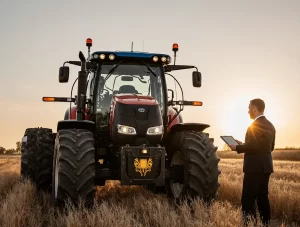 A high-tech tractor fitted with modern tractor modification accessories operating on a large farm field, with a business executive inspecting performance.