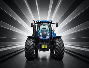 A modern tractor equipped with high-end tractor accessories working in a vast, sunlit agricultural field with a businessperson inspecting operations.
