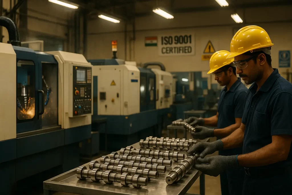 Realistic industrial display of hydraulic pump camshafts in a factory setting with quality control inspection.