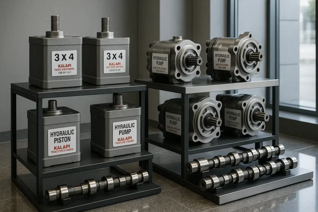 Precision-engineered hydraulic square pistons from Gujarat manufacturers for tractors, displayed in an industrial factory setup.