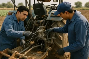 Close-up of hydraulic lift pump and plunger parts for tractors, displayed side by side with a farm tractor in the background.