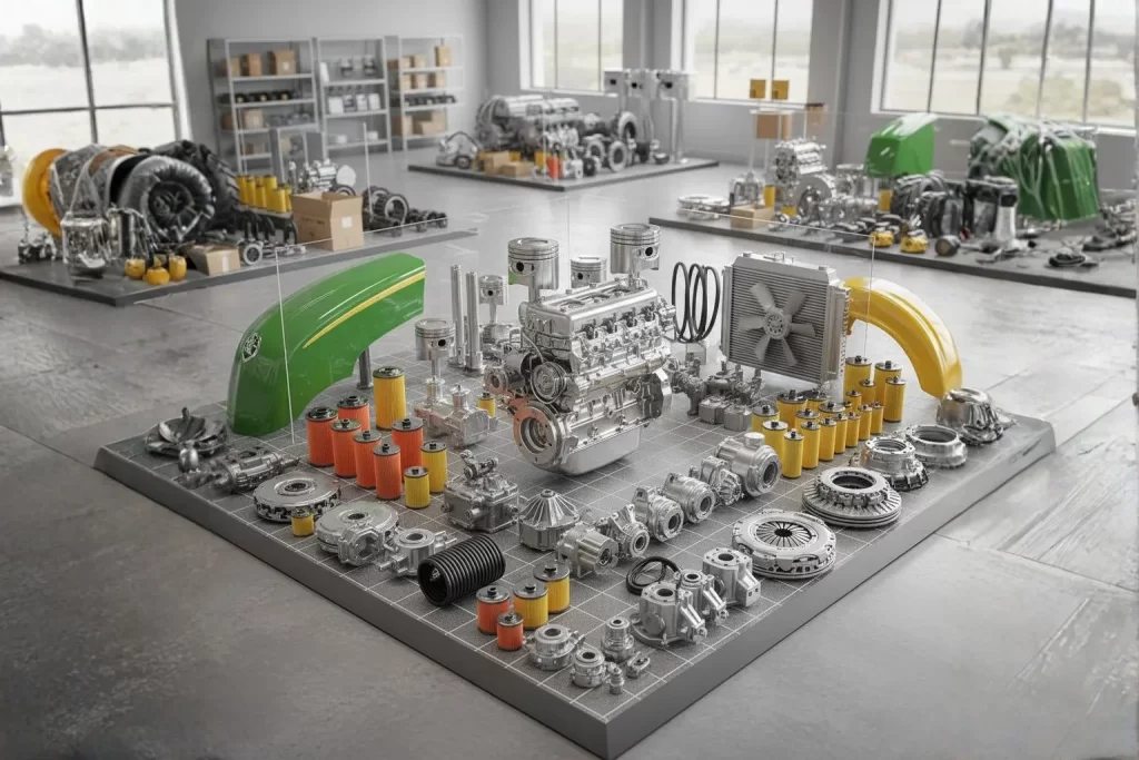 Genuine OEM tractor parts arranged for international distribution, showing high quality engine and hydraulic components ready for global shipment.