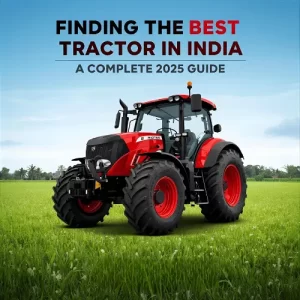 A powerful new tractor model plowing a lush, green field during the day, under a clear sky.