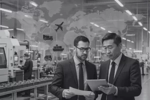 B2B manufacturing partners discussing tractor spare parts production plan for international supply and long-term sourcing