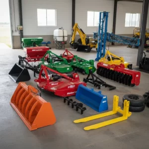 Diverse tractor accessories: grapple bucket, brush hog, disc harrow, tillers, and pallet forks, ready for farming and land prep.