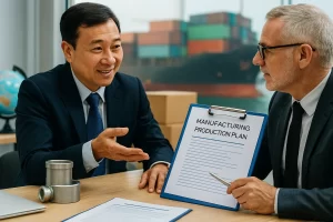 Kalapi manufacturing team reviewing global supply requirements for tractor parts with focus on quality control and export logistics