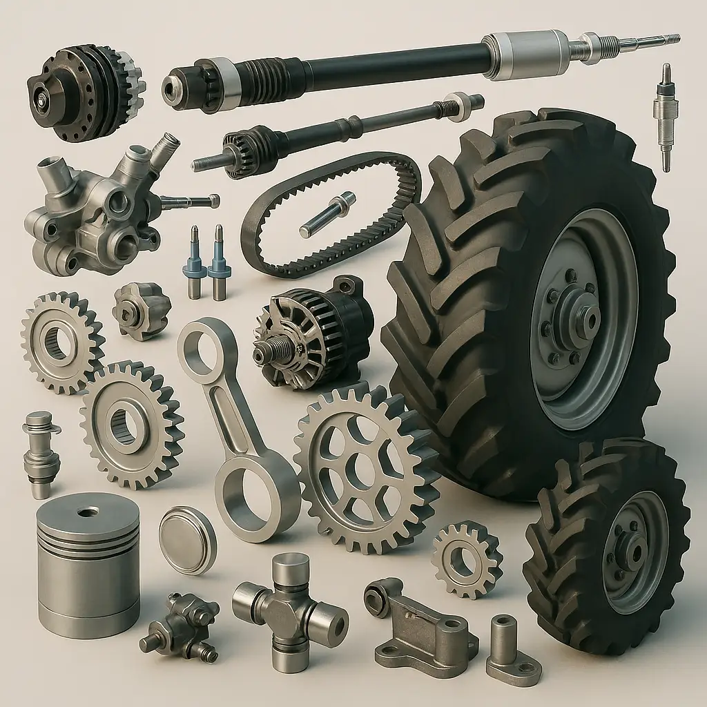 Tractor parts and spares including wheels, gears, alternators, pistons, and mechanical components for reliable farm operations.