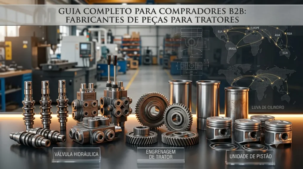 Imagem de alta qualidade de peças mecânicas de trator em um ambiente de fábrica, incluindo válvulas hidráulicas, engrenagens, mangas de cilindro e unidades de pistão, com legendas em português.