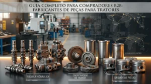 Imagem de alta qualidade de peças mecânicas de trator em um ambiente de fábrica, incluindo válvulas hidráulicas, engrenagens, mangas de cilindro e unidades de pistão, com legendas em português.